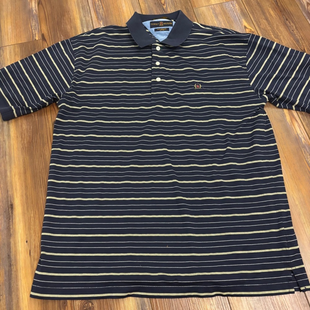 Vintage 90s Tommy Hilfiger Crest Golf Polo Shirt Mens Large Navy Blue Striped L